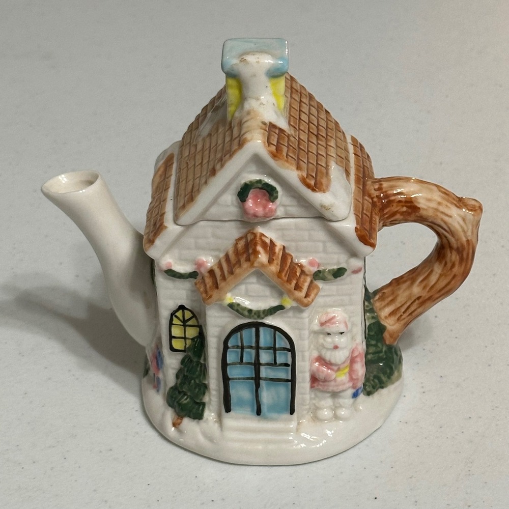 Miniature Christmas Cottage Ceramic Teapot Santa House Hand Painted Vintage 4.5"